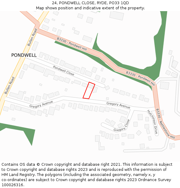 24, PONDWELL CLOSE, RYDE, PO33 1QD: Location map and indicative extent of plot