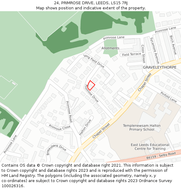 24, PRIMROSE DRIVE, LEEDS, LS15 7RJ: Location map and indicative extent of plot