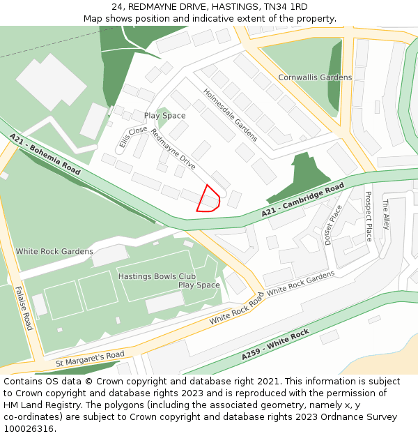 24, REDMAYNE DRIVE, HASTINGS, TN34 1RD: Location map and indicative extent of plot