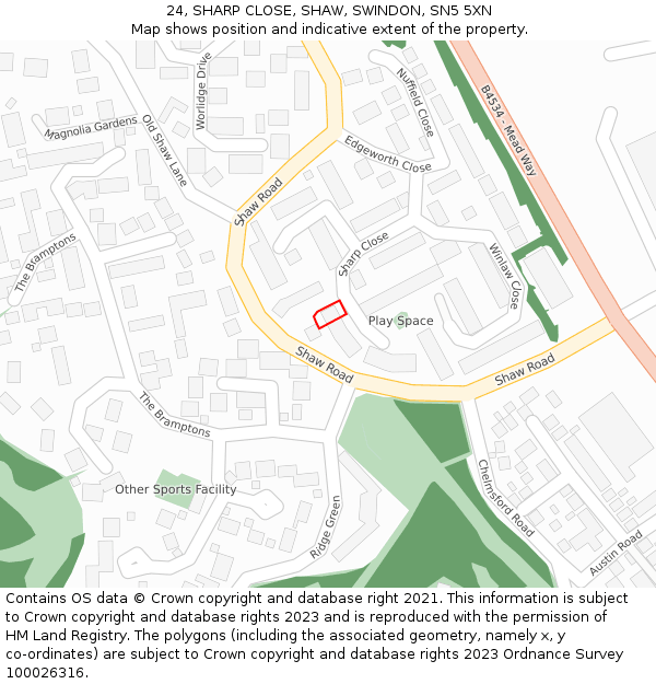 24, SHARP CLOSE, SHAW, SWINDON, SN5 5XN: Location map and indicative extent of plot