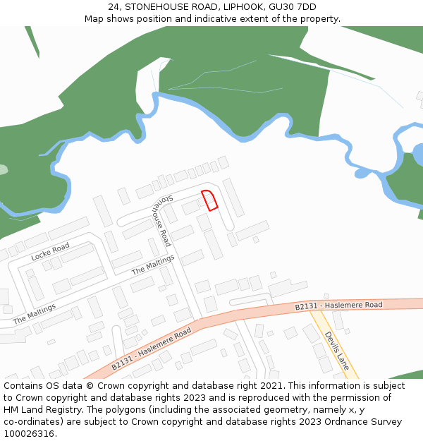 24, STONEHOUSE ROAD, LIPHOOK, GU30 7DD: Location map and indicative extent of plot