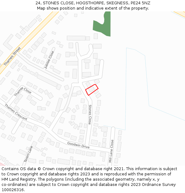 24, STONES CLOSE, HOGSTHORPE, SKEGNESS, PE24 5NZ: Location map and indicative extent of plot