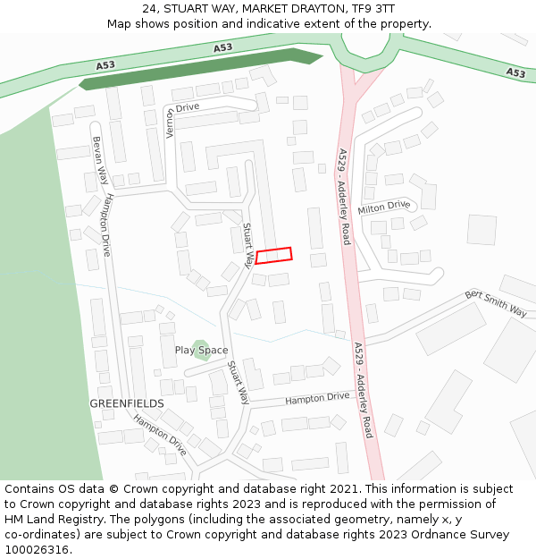 24, STUART WAY, MARKET DRAYTON, TF9 3TT: Location map and indicative extent of plot