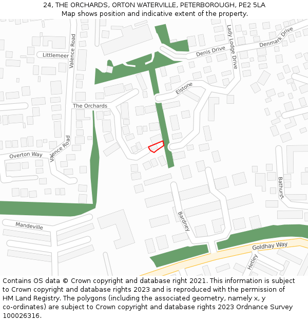 24, THE ORCHARDS, ORTON WATERVILLE, PETERBOROUGH, PE2 5LA: Location map and indicative extent of plot