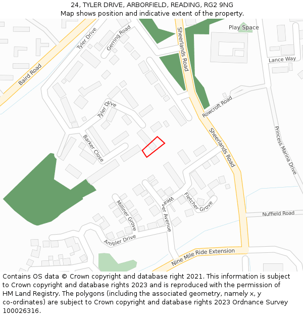 24, TYLER DRIVE, ARBORFIELD, READING, RG2 9NG: Location map and indicative extent of plot