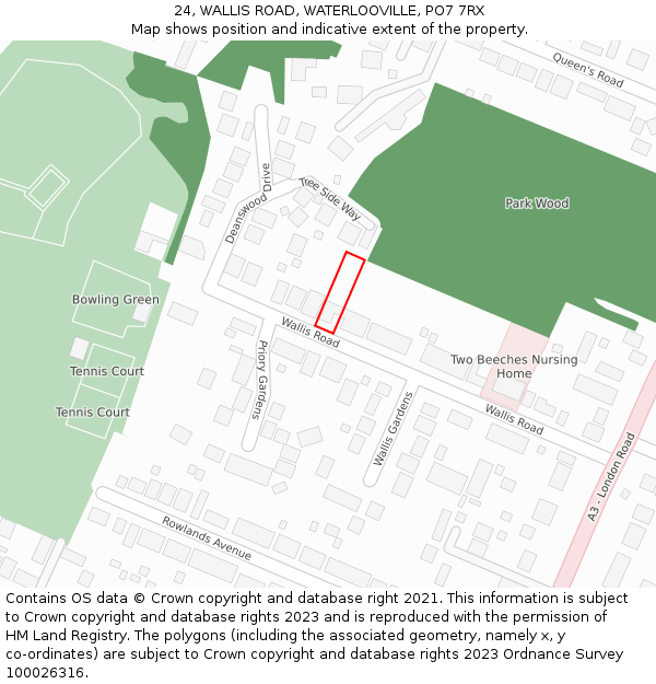 24, WALLIS ROAD, WATERLOOVILLE, PO7 7RX: Location map and indicative extent of plot