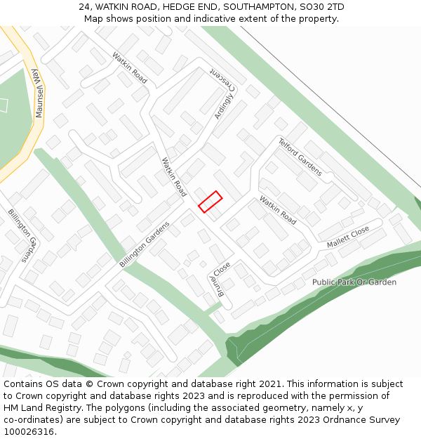 24, WATKIN ROAD, HEDGE END, SOUTHAMPTON, SO30 2TD: Location map and indicative extent of plot