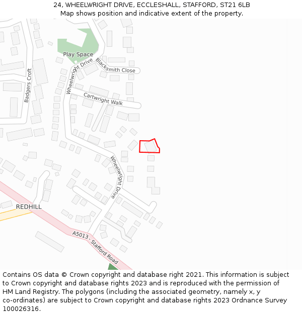 24, WHEELWRIGHT DRIVE, ECCLESHALL, STAFFORD, ST21 6LB: Location map and indicative extent of plot