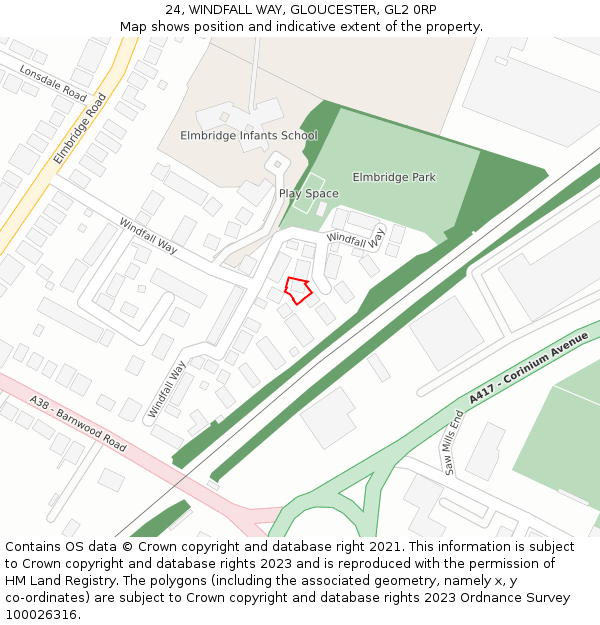 24, WINDFALL WAY, GLOUCESTER, GL2 0RP: Location map and indicative extent of plot