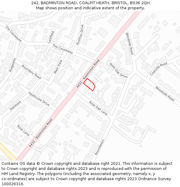 242, BADMINTON ROAD, COALPIT HEATH, BRISTOL, BS36 2QH: Location map and indicative extent of plot