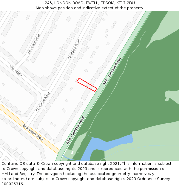 245, LONDON ROAD, EWELL, EPSOM, KT17 2BU: Location map and indicative extent of plot