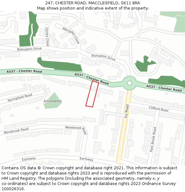 247, CHESTER ROAD, MACCLESFIELD, SK11 8RA: Location map and indicative extent of plot