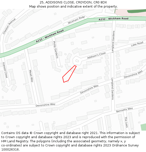 25, ADDISONS CLOSE, CROYDON, CR0 8DX: Location map and indicative extent of plot