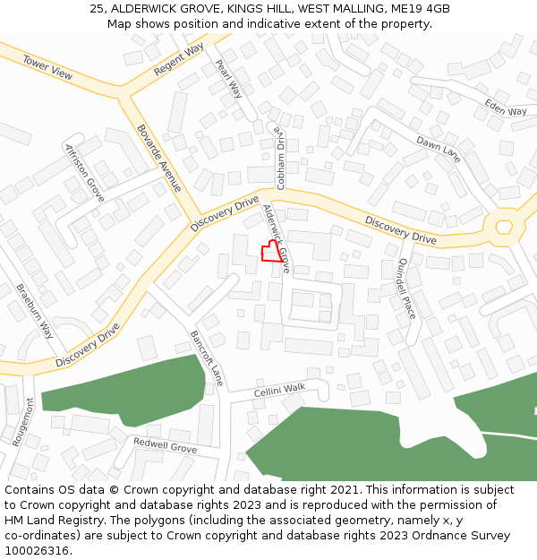 25, ALDERWICK GROVE, KINGS HILL, WEST MALLING, ME19 4GB: Location map and indicative extent of plot