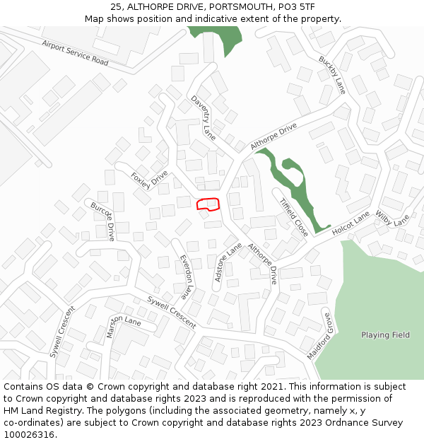 25, ALTHORPE DRIVE, PORTSMOUTH, PO3 5TF: Location map and indicative extent of plot