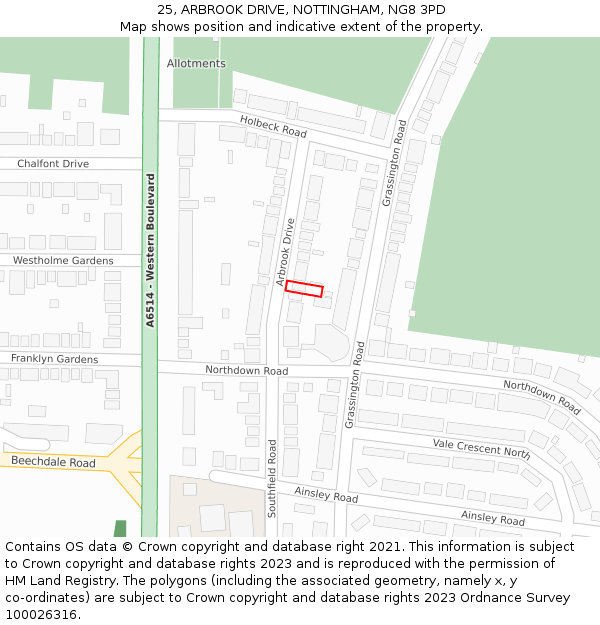 25, ARBROOK DRIVE, NOTTINGHAM, NG8 3PD: Location map and indicative extent of plot