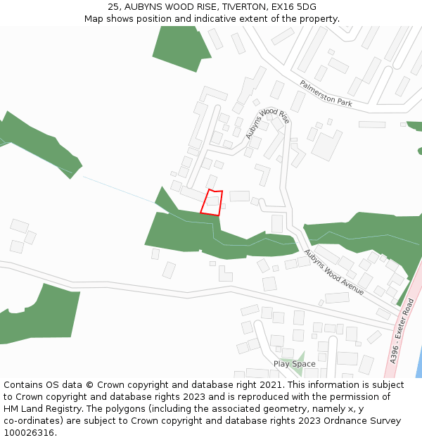 25, AUBYNS WOOD RISE, TIVERTON, EX16 5DG: Location map and indicative extent of plot