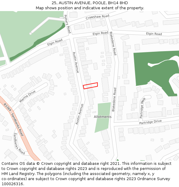 25, AUSTIN AVENUE, POOLE, BH14 8HD: Location map and indicative extent of plot