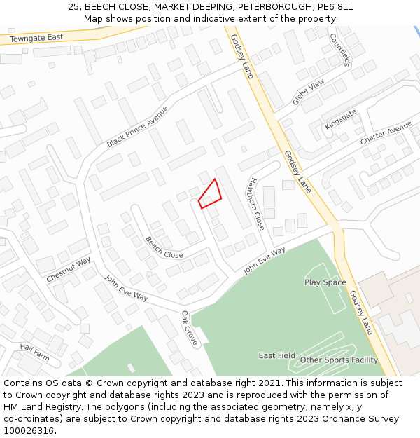 25, BEECH CLOSE, MARKET DEEPING, PETERBOROUGH, PE6 8LL: Location map and indicative extent of plot