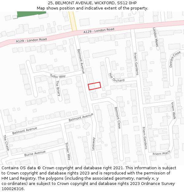 25, BELMONT AVENUE, WICKFORD, SS12 0HP: Location map and indicative extent of plot