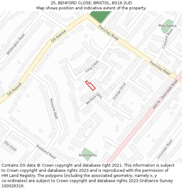 25, BENFORD CLOSE, BRISTOL, BS16 2UD: Location map and indicative extent of plot