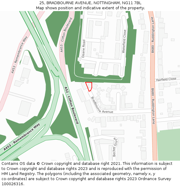 25, BRADBOURNE AVENUE, NOTTINGHAM, NG11 7BL: Location map and indicative extent of plot