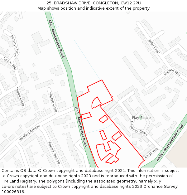 25, BRADSHAW DRIVE, CONGLETON, CW12 2PU: Location map and indicative extent of plot