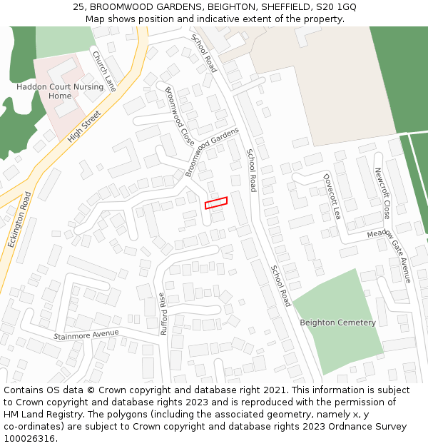 25, BROOMWOOD GARDENS, BEIGHTON, SHEFFIELD, S20 1GQ: Location map and indicative extent of plot