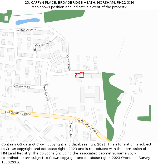 25, CAFFYN PLACE, BROADBRIDGE HEATH, HORSHAM, RH12 3XH: Location map and indicative extent of plot