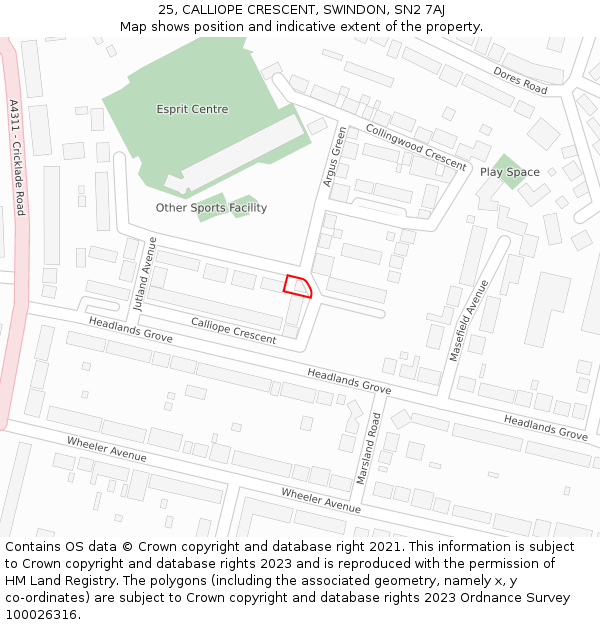 25, CALLIOPE CRESCENT, SWINDON, SN2 7AJ: Location map and indicative extent of plot