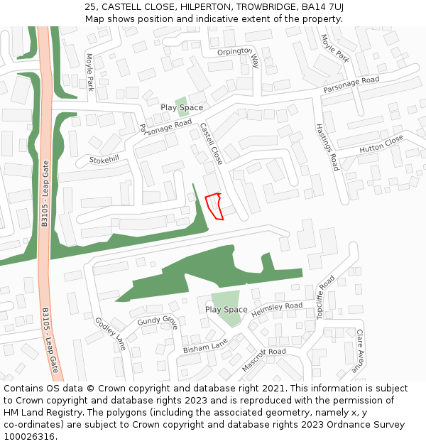 25, CASTELL CLOSE, HILPERTON, TROWBRIDGE, BA14 7UJ: Location map and indicative extent of plot