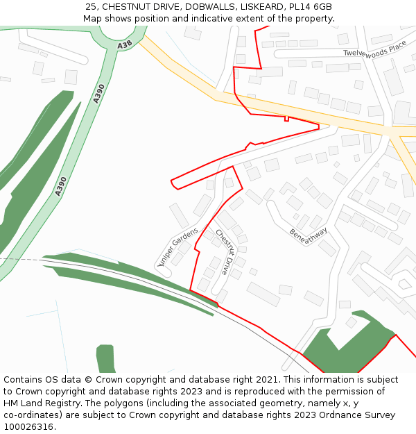 25, CHESTNUT DRIVE, DOBWALLS, LISKEARD, PL14 6GB: Location map and indicative extent of plot