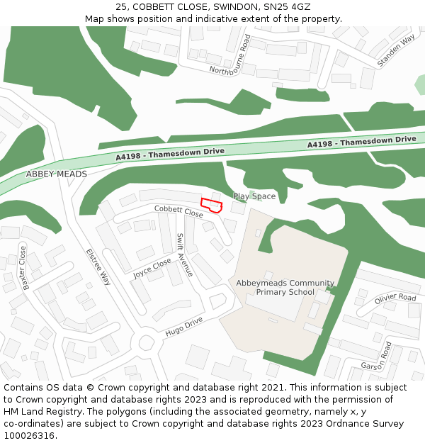 25, COBBETT CLOSE, SWINDON, SN25 4GZ: Location map and indicative extent of plot