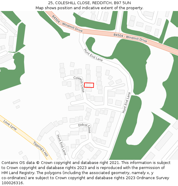 25, COLESHILL CLOSE, REDDITCH, B97 5UN: Location map and indicative extent of plot