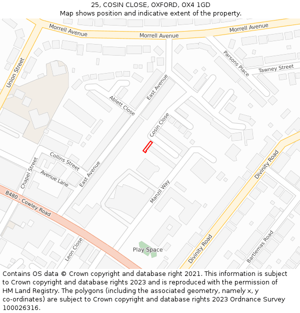 25, COSIN CLOSE, OXFORD, OX4 1GD: Location map and indicative extent of plot