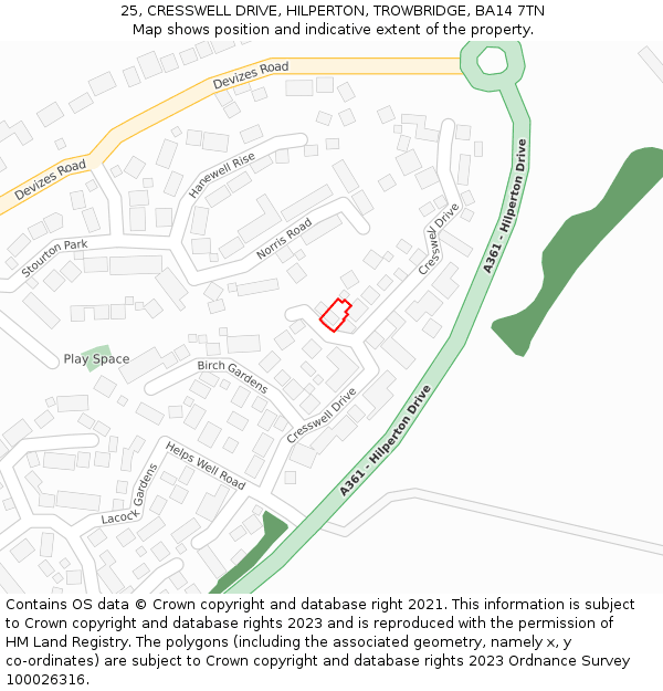 25, CRESSWELL DRIVE, HILPERTON, TROWBRIDGE, BA14 7TN: Location map and indicative extent of plot