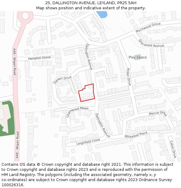 25, DALLINGTON AVENUE, LEYLAND, PR25 5AH: Location map and indicative extent of plot