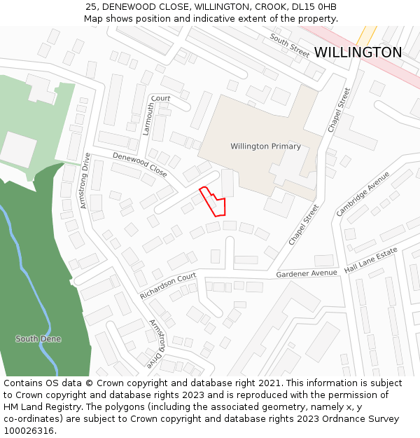 25, DENEWOOD CLOSE, WILLINGTON, CROOK, DL15 0HB: Location map and indicative extent of plot