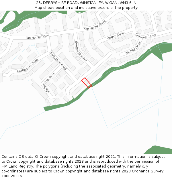 25, DERBYSHIRE ROAD, WINSTANLEY, WIGAN, WN3 6LN: Location map and indicative extent of plot