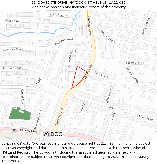 25, DOVECOTE DRIVE, HAYDOCK, ST HELENS, WA11 0SD: Location map and indicative extent of plot