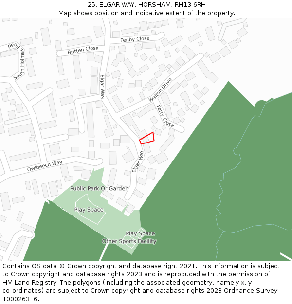 25, ELGAR WAY, HORSHAM, RH13 6RH: Location map and indicative extent of plot