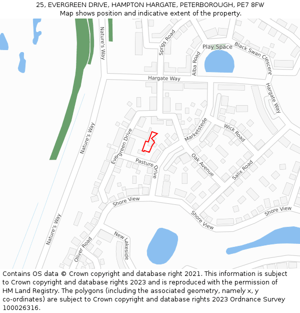 25, EVERGREEN DRIVE, HAMPTON HARGATE, PETERBOROUGH, PE7 8FW: Location map and indicative extent of plot