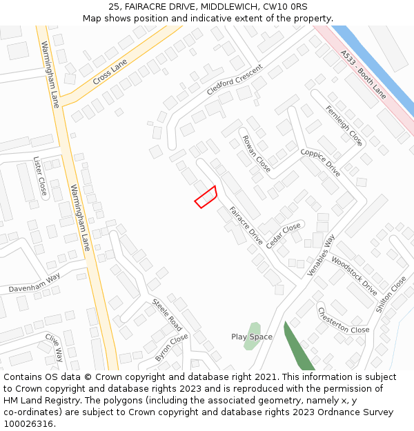 25, FAIRACRE DRIVE, MIDDLEWICH, CW10 0RS: Location map and indicative extent of plot