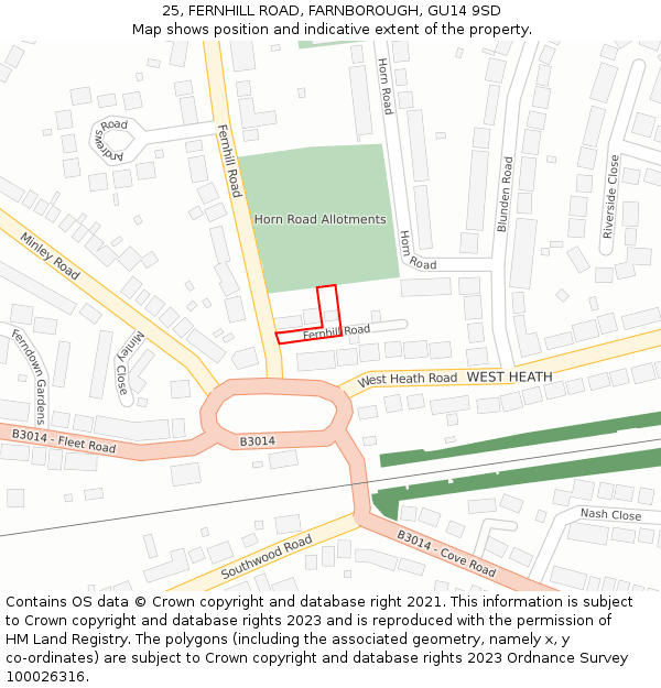 25, FERNHILL ROAD, FARNBOROUGH, GU14 9SD: Location map and indicative extent of plot