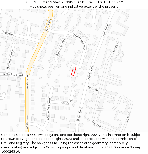 25, FISHERMANS WAY, KESSINGLAND, LOWESTOFT, NR33 7NY: Location map and indicative extent of plot