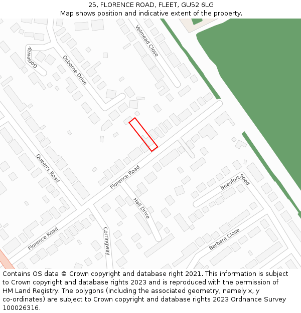 25, FLORENCE ROAD, FLEET, GU52 6LG: Location map and indicative extent of plot