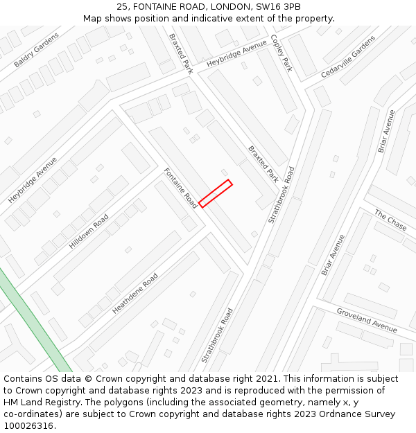 25, FONTAINE ROAD, LONDON, SW16 3PB: Location map and indicative extent of plot