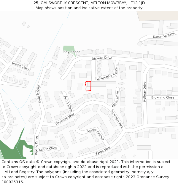 25, GALSWORTHY CRESCENT, MELTON MOWBRAY, LE13 1JD: Location map and indicative extent of plot