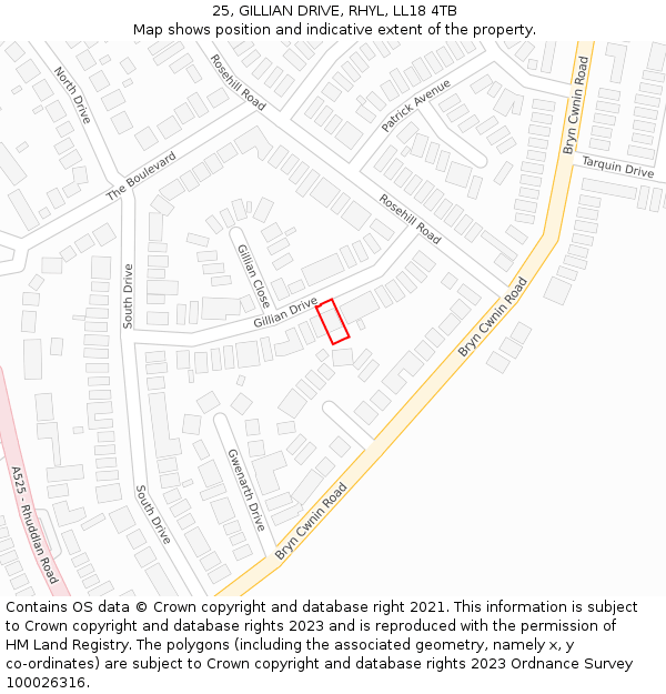 25, GILLIAN DRIVE, RHYL, LL18 4TB: Location map and indicative extent of plot