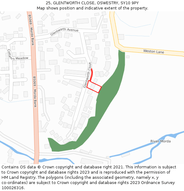 25, GLENTWORTH CLOSE, OSWESTRY, SY10 9PY: Location map and indicative extent of plot